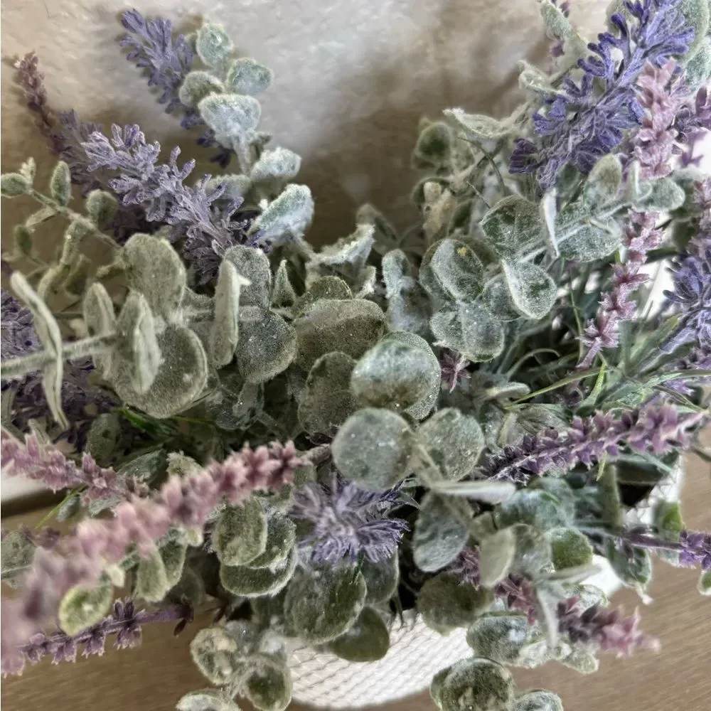 Lavender Eucalyptus Faux Floral Ceramic Oval Planter Pot Decor Arrangement